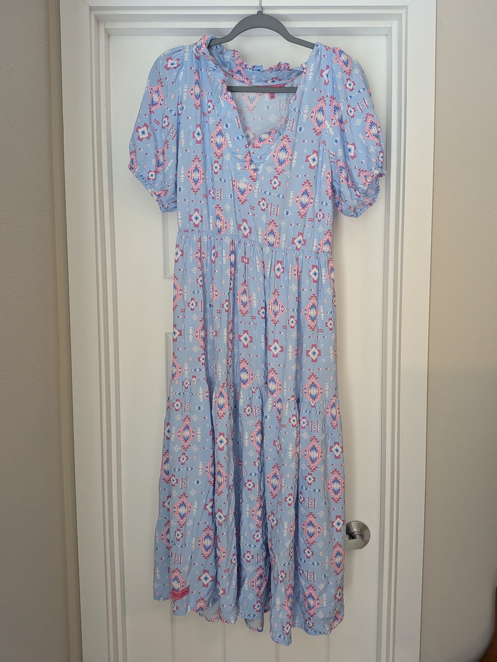 Simply Southern Light Blue Maxi Dress with Pink & White Aztec Print